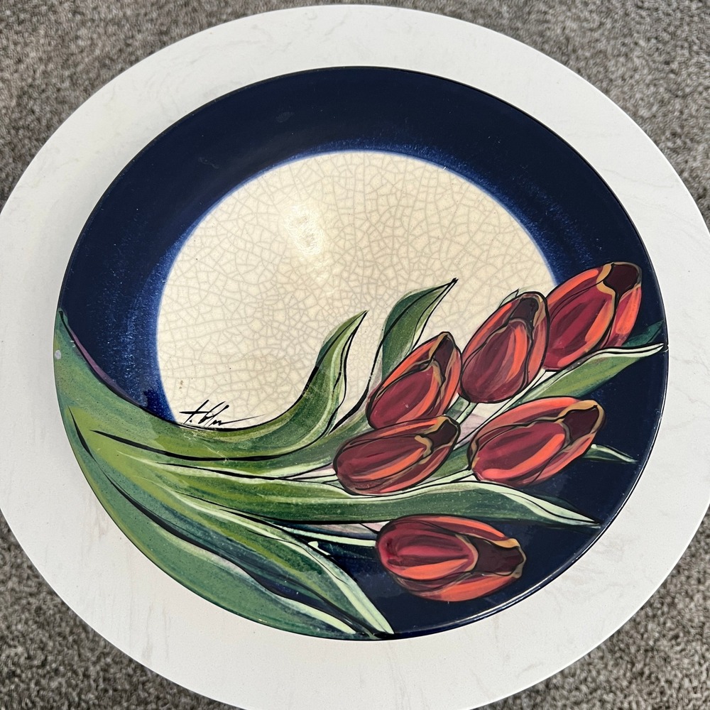 Vtg‎ Hand Painted Studio Art Pottery Bowl Artist Signed Red Tulips Blue Rim